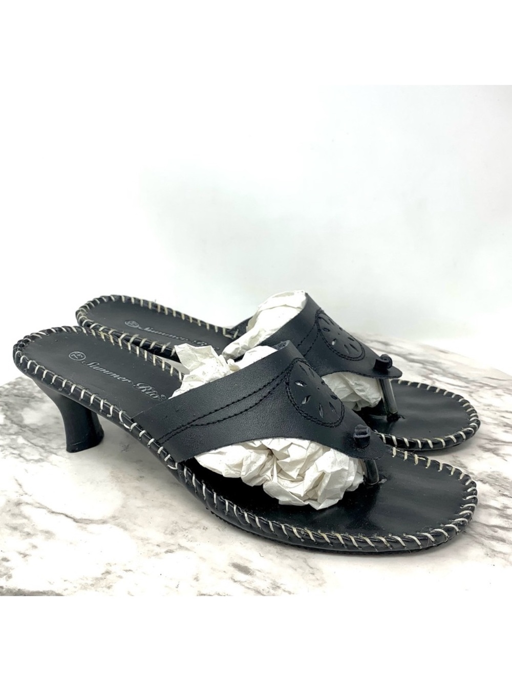 Summer Rio Whipstitched Black Leather Sandals 7.5 Resortwear Coastal Cowgirl